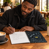 Man writing in a café